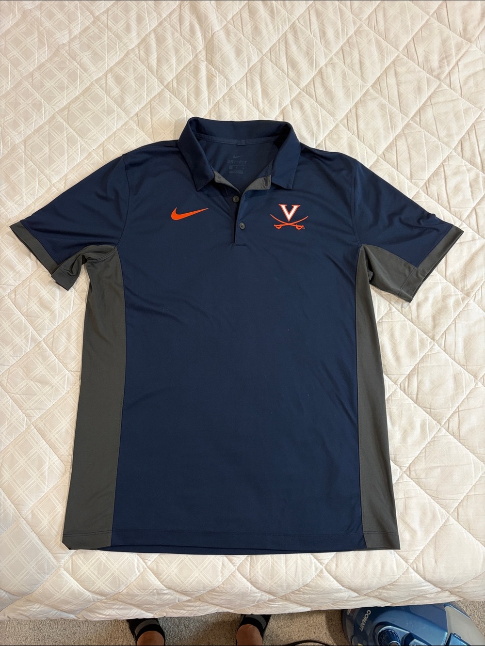 Nike Men's Navy Polo with Gray Panels and Orange Logos